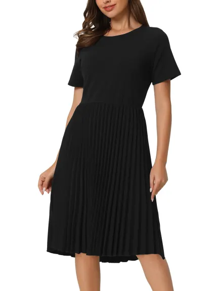 Hobemty- Short Sleeve Pleated Midi A-Line Dress