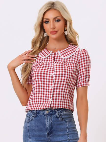 Allegra K - Summer Peter Pan Collar Gingham Shirt