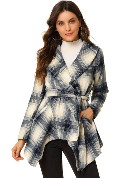 Allegra K- Turn Down Collar Asymmetric Hem Plaids Coat