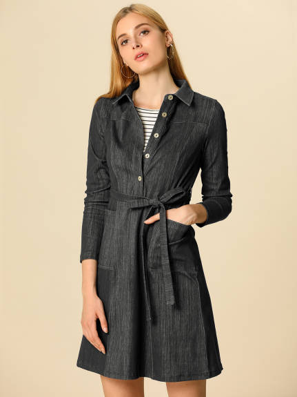 Allegra K- Half Placket Long Sleeve Belted Shirt Dress