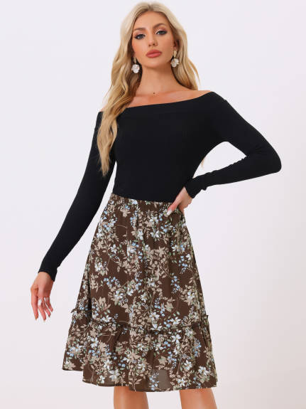 Allegra K- Ruffle Hem Tiered A-Line Floral Midi Skirt