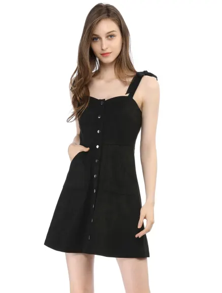 Allegra K- Faux Suede A Line Short Button up Overall Dress