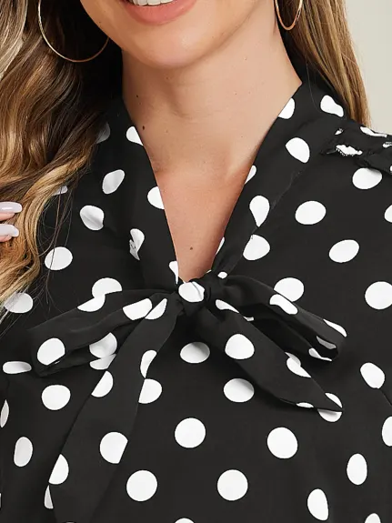 Allegra K- Polka Dots Ruffle Shoulder Bow Tie Neck Blouse