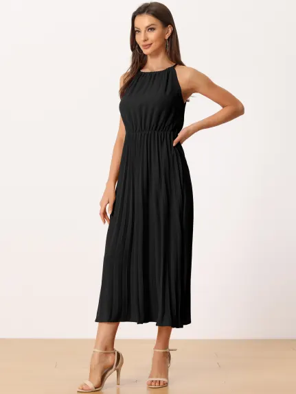 Allegra K- Halter Neck Belted Pleated Dress