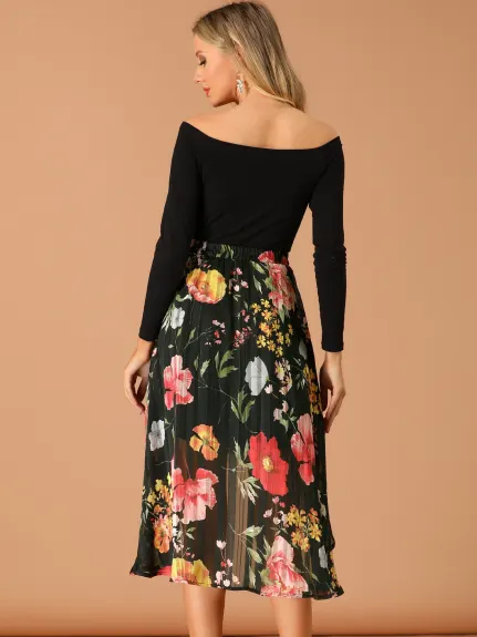 Allegra K- High Low Hem A-Line Midi Floral Skirt