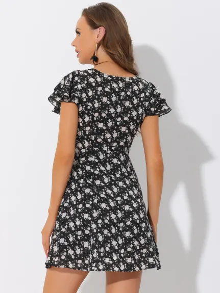 Allegra K- Pleated Square Neck Floral Flare Dress
