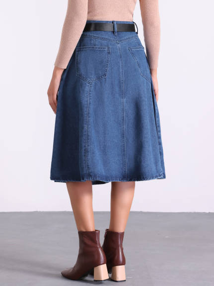 Allegra K- Pleated High Waist A-Line Denim Skirt