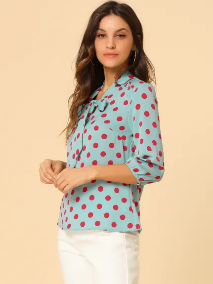 Allegra K- Polka Dots Ruffle Shoulder Bow Tie Neck Blouse