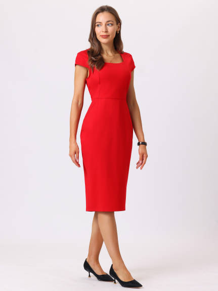 Hobemty- Square Neck Cap Sleeve Pencil Dress