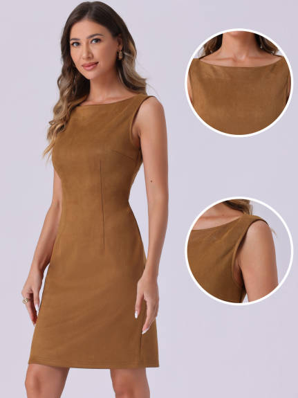 Allegra K - Faux Suede Boat Neck Sheath Dress