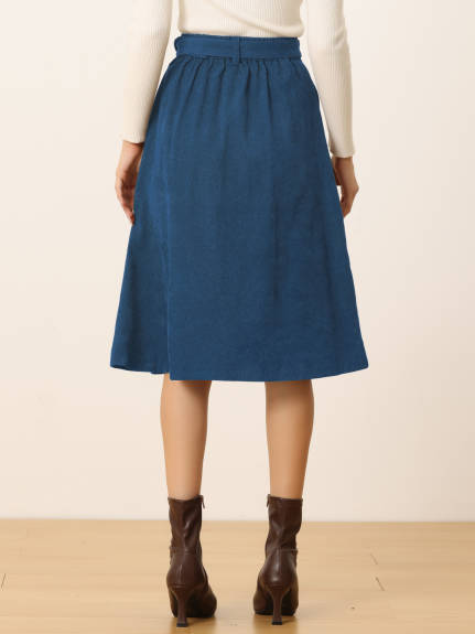 Allegra K - Button Front A-Line Belted Corduroy Skirt