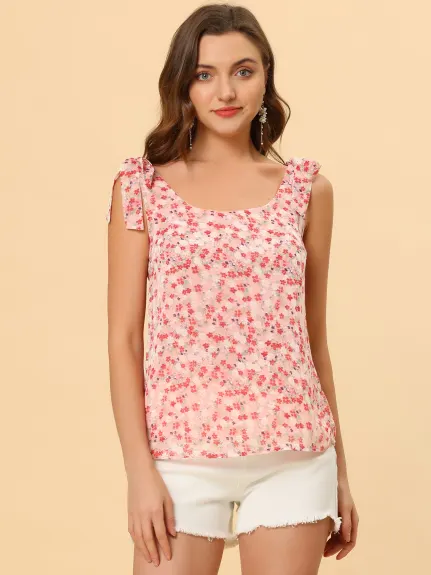 Allegra K- Floral Tie Straps Chiffon Tank Top