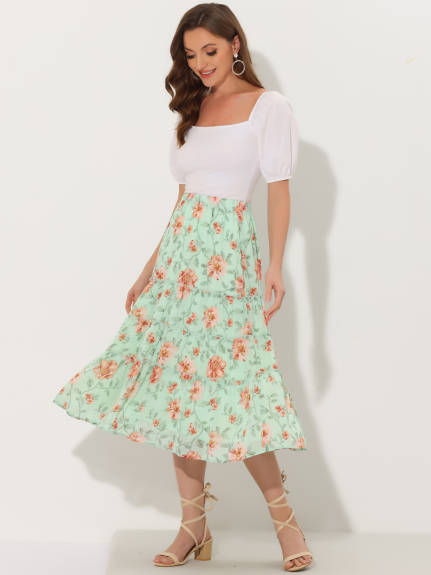 Allegra K- Floral Tiered A-Line Long Chiffon Skirt