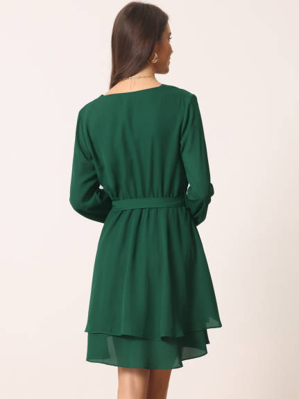 Allegra K- Deep V Neck Wrap Long Sleeve Belted Mini Skating Flowy Dress