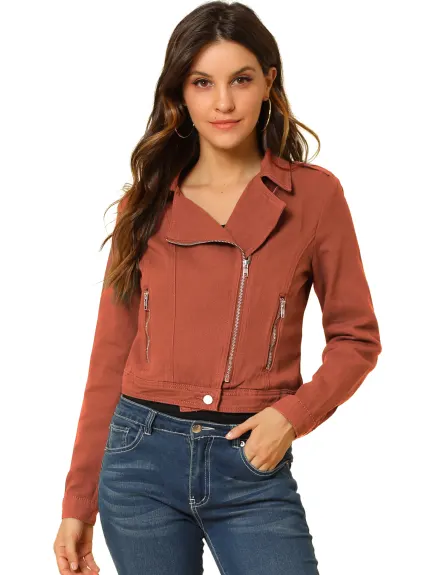 Allegra K- Veste en jean moto asymétrique à revers cranté et fermeture éclair