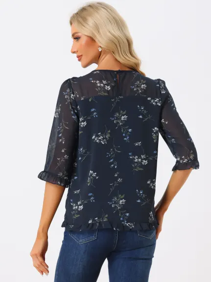 Allegra K- Blouse florale en mousseline à manches 3/4 et à volants