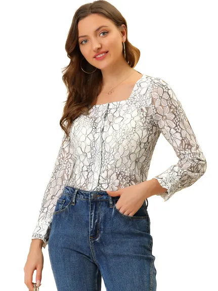 Allegra K- Long Sleeve Square Neck Lace Floral Semi Sheer Blouse