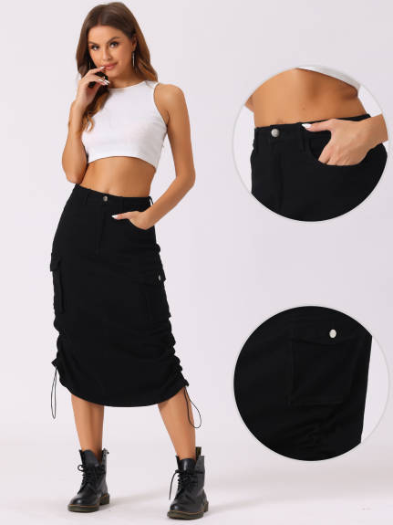 Allegra K- Flap Pocket Back Slit Drawstring Midi Cargo Skirt