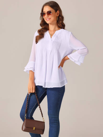 INSPIRE CHIC - V Neck 3/4 Sleeve Lightweight Pintuck Top