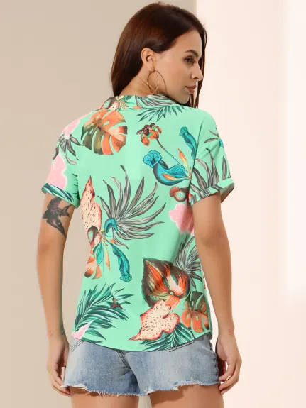 Allegra K- Beach Tropical Floral Leaves Button Down Shirt