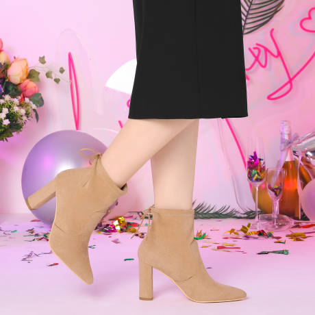 Allegra K - Pointed Toe Pull-on Drawstring Ankle Boots