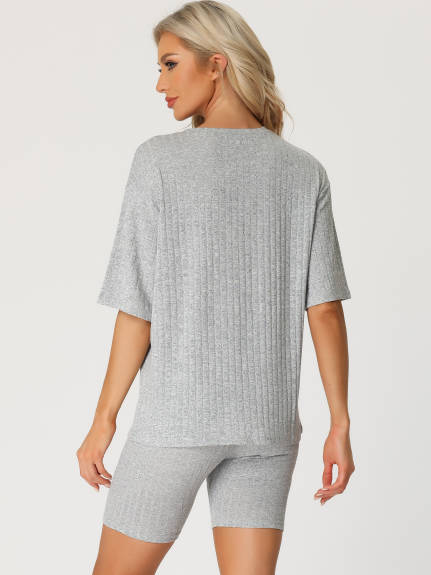 cheibear - Ribbed Knit Loungewear Set