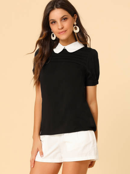 Allegra K- Pan Collar Puff Short Sleeve Pleated Blosue