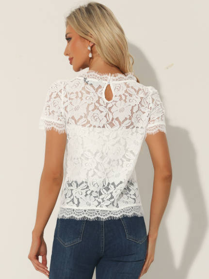 Allegra K- Lace Floral Scalloped Trim Semi Sheer Blouse