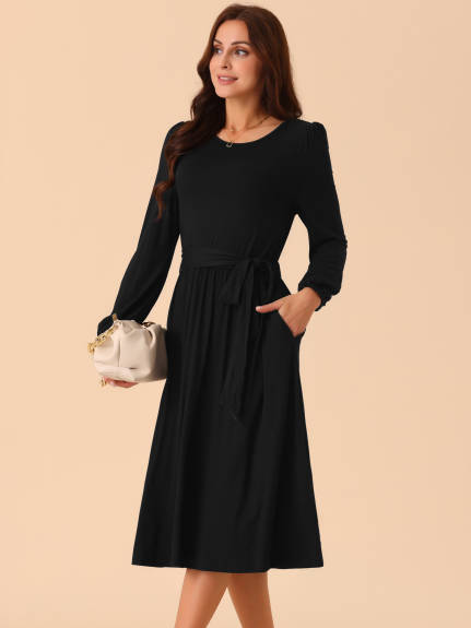 Allegra K - Crewneck Tie Waist Flowy Midi Dress