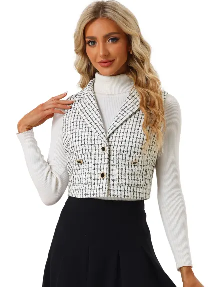 Allegra K- Plaid Notched Lapel Tweed Jacket