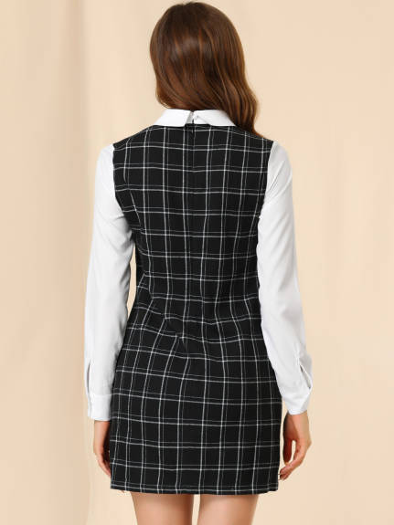 Allegra K- Peter Pan Collar Long Sleeve Check Shift Dress