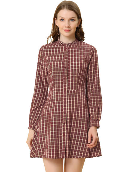 Allegra K- Check Ruffle Neck Long Sleeve A-Line Shirt Dress