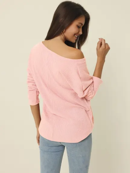 Allegra K- V Neck Waffle Knit Long Sleeve Slim Fit Top