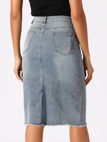 Allegra K- High Waist Back Slit Stretch Denim Skirt