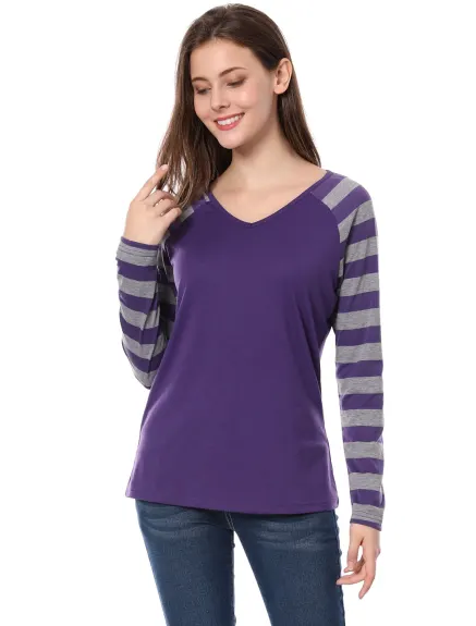 Allegra K- Stripe Raglan Long Sleeve V Neck T-Shirt