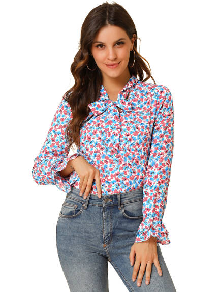 Allegra K- Floral Tie Neck Chiffon Ruffle Blouse