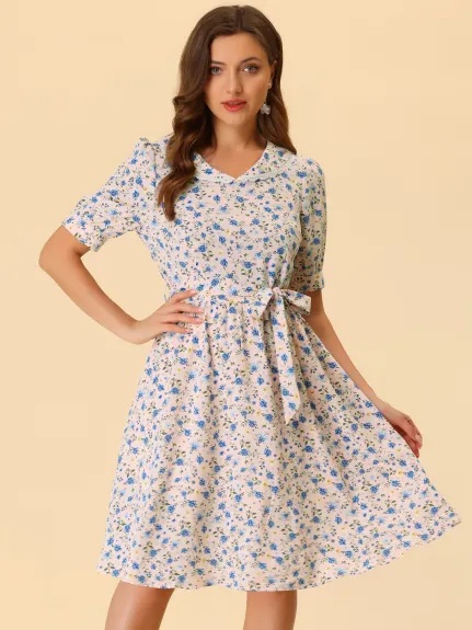 Allegra K- Vintage Peter Pan Collar Floral A-Line Dress