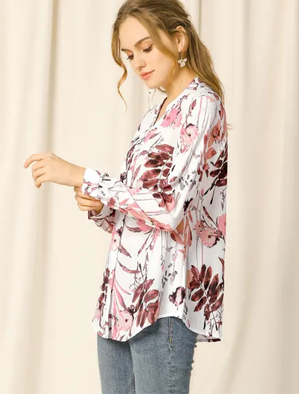 Allegra K- V Neck Long Sleeve Floral Shirt Blouse