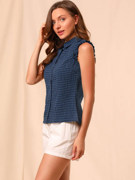 Allegra K- Bow Tie Neck Sleeveless Gingham Shirt Blouse