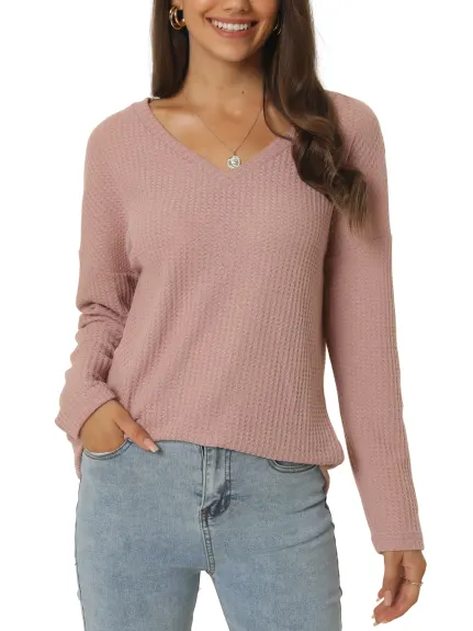 Allegra K- V Neck Waffle Knit Long Sleeve Slim Fit Top