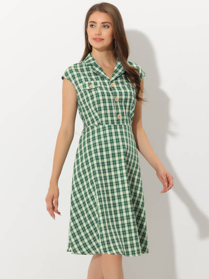 Allegra K- Button Front Retro Cap Sleeve Belted Plaid Dress