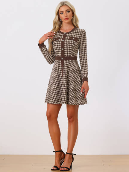 Allegra K- Houndstooth Plaid Contrast Color Crew Neck Button Front Dress