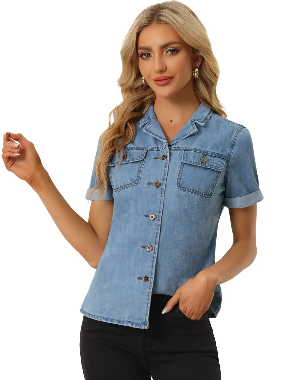 Allegra K- Button Down Notched Collar Jean Shirt