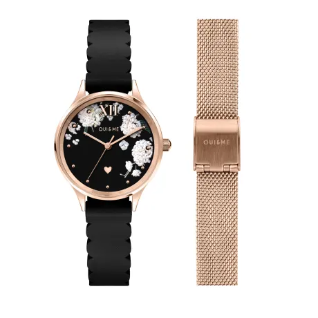 OUI & ME-Bichette 28 mm, montre à 3 aiguilles à cadran rose avec bracelet en maille dorée rose