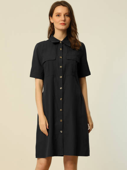 Allegra K- Button Down Safari Pocket Belted Shirt dress