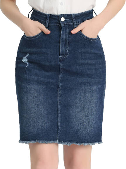 Allegra K- Distressed Ripped Hem Washed Denim Skirt