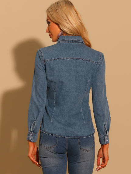 Allegra K - Denim Casual Long Sleeve Shirt