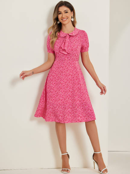 Allegra K- Peter Pan Collar Tie Neck Belted Floral Dress