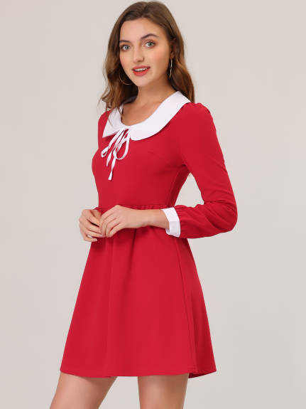 Allegra K- Contrast Collar Tie Front Long Sleeves Dress