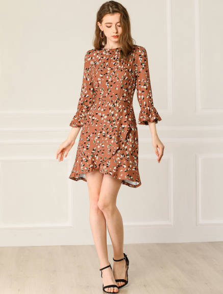 Allegra K- Leopard 3/4 Bell Sleeves Ruffle Dress